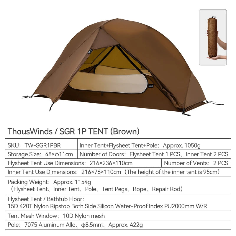 SGR 1-Person Backpacking Tent, 3-Season Ultralight Hiking Tent, 15D Nylon Ripstop Both Side Silicon Camping Tent
