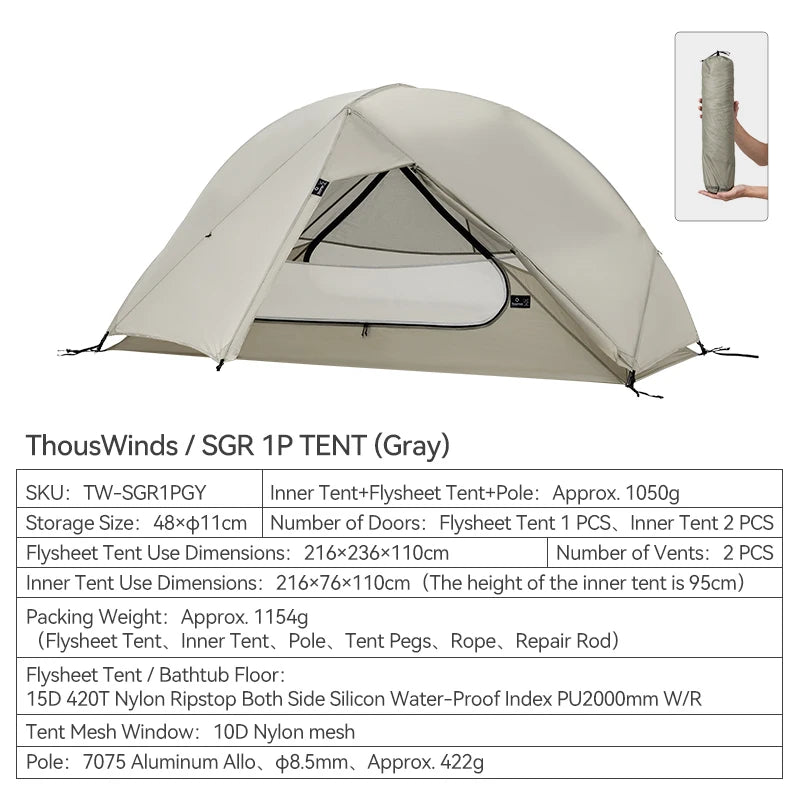 SGR 1-Person Backpacking Tent, 3-Season Ultralight Hiking Tent, 15D Nylon Ripstop Both Side Silicon Camping Tent