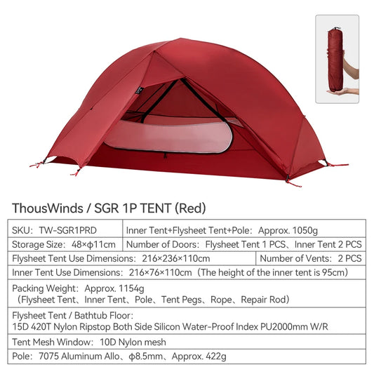 SGR 1-Person Backpacking Tent, 3-Season Ultralight Hiking Tent, 15D Nylon Ripstop Both Side Silicon Camping Tent